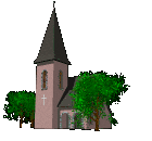 A church with some moving trees.